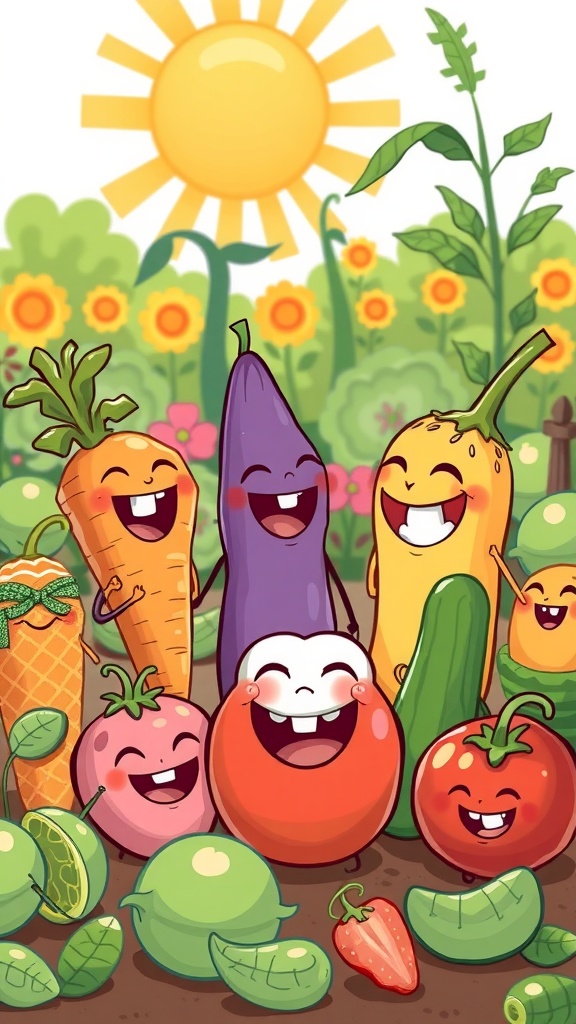 Hilarious Vegan Jokes to Tickle Your Taste Buds Cartoon fruits and vegetables laughing in a colorful garden.